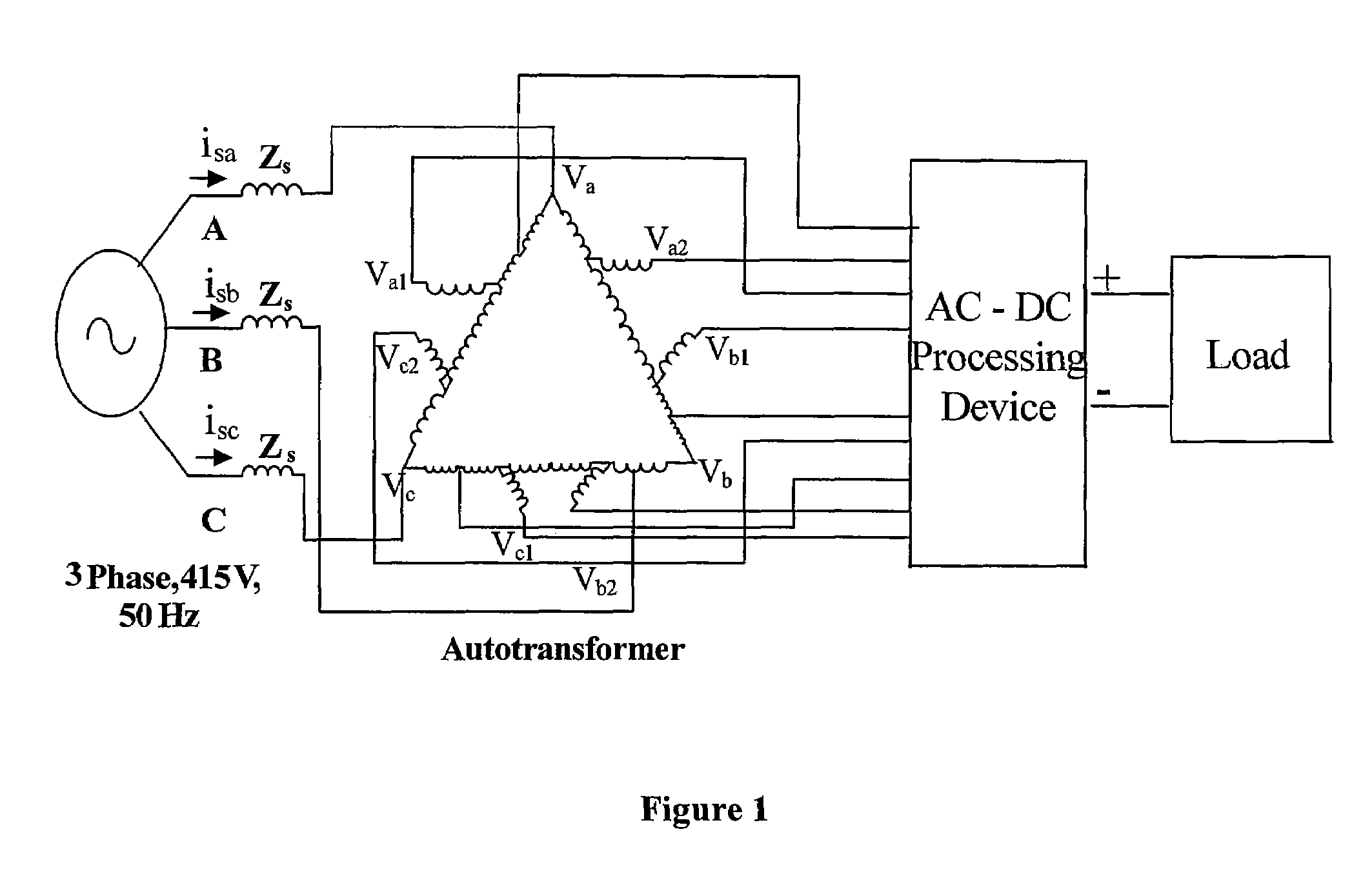 Reduced rating T-connected autotransformer for converting three phase AC voltages to nine/six phase shifted AC voltages