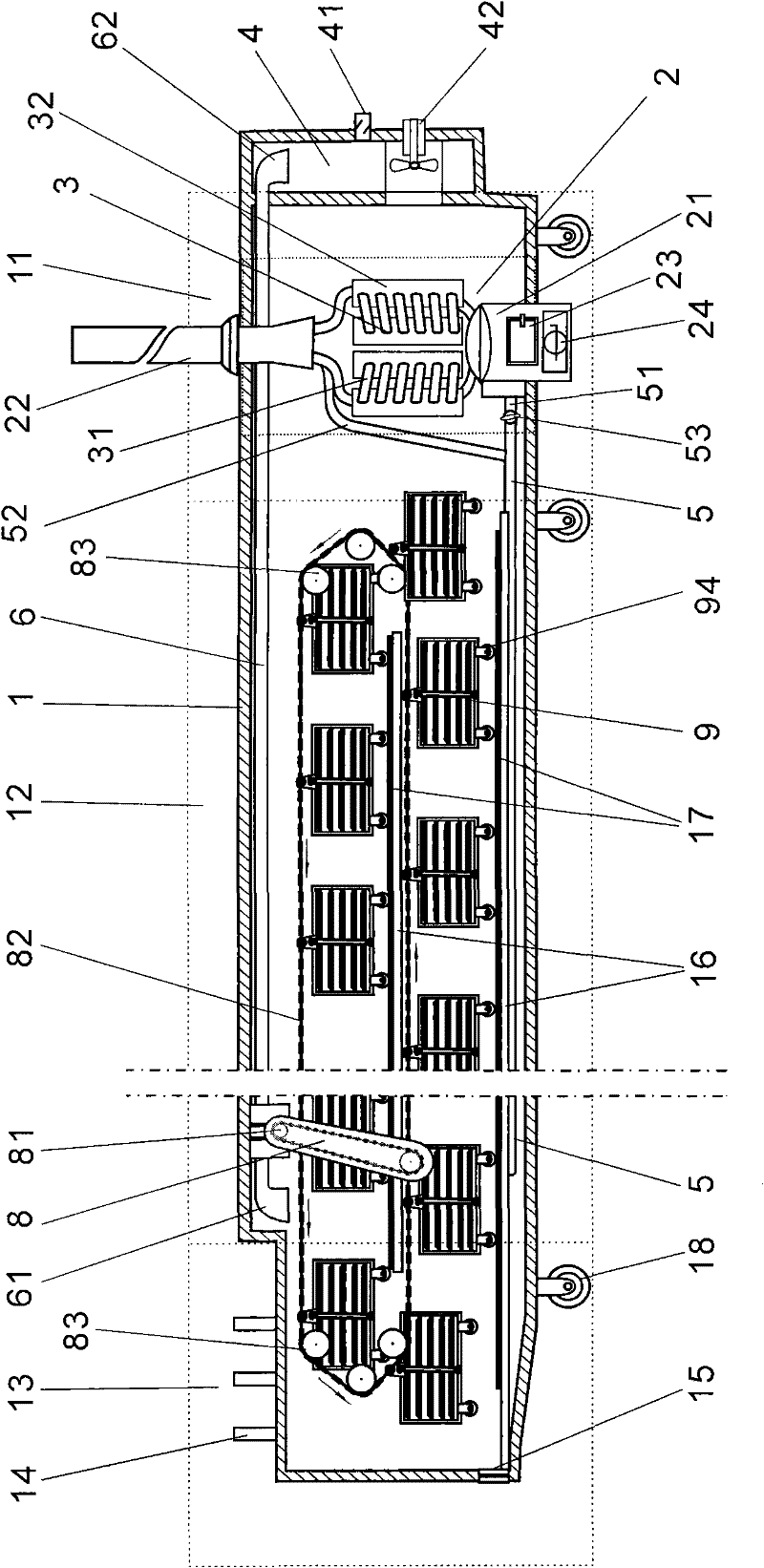 Circulating fruit and vegetable drying box with heat exchange device