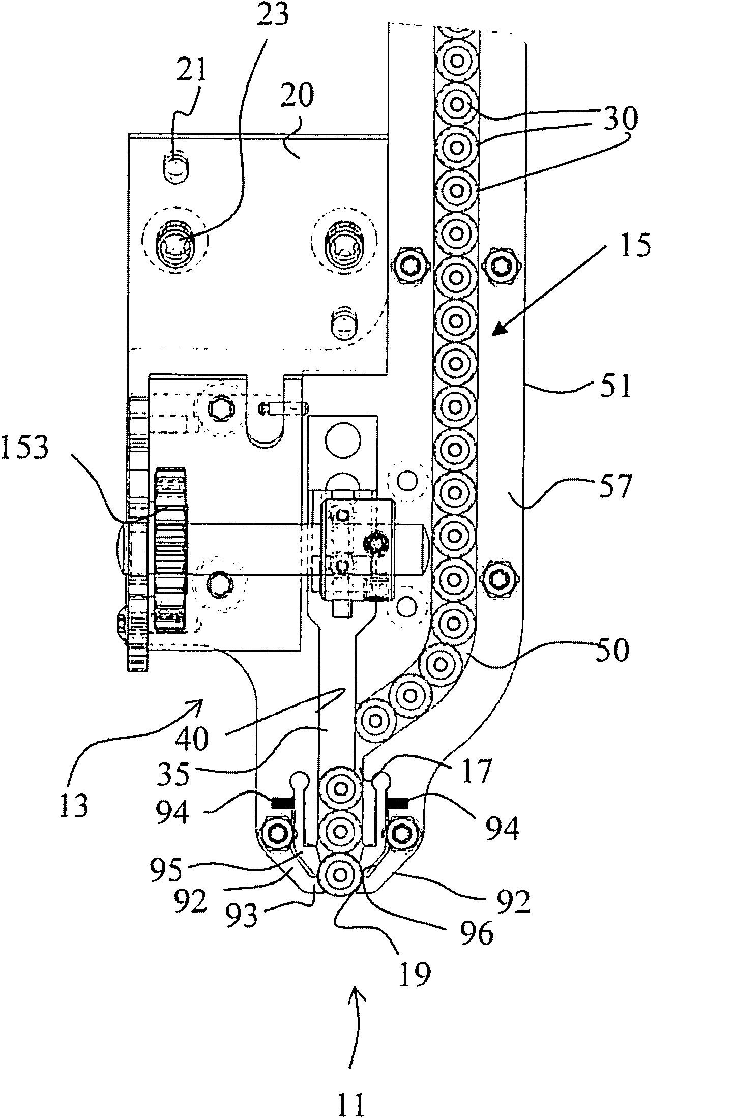 Single-piece feeding device, embroidering, sewing or quilting machine comprising the device, and method for embroidering on a single-piece