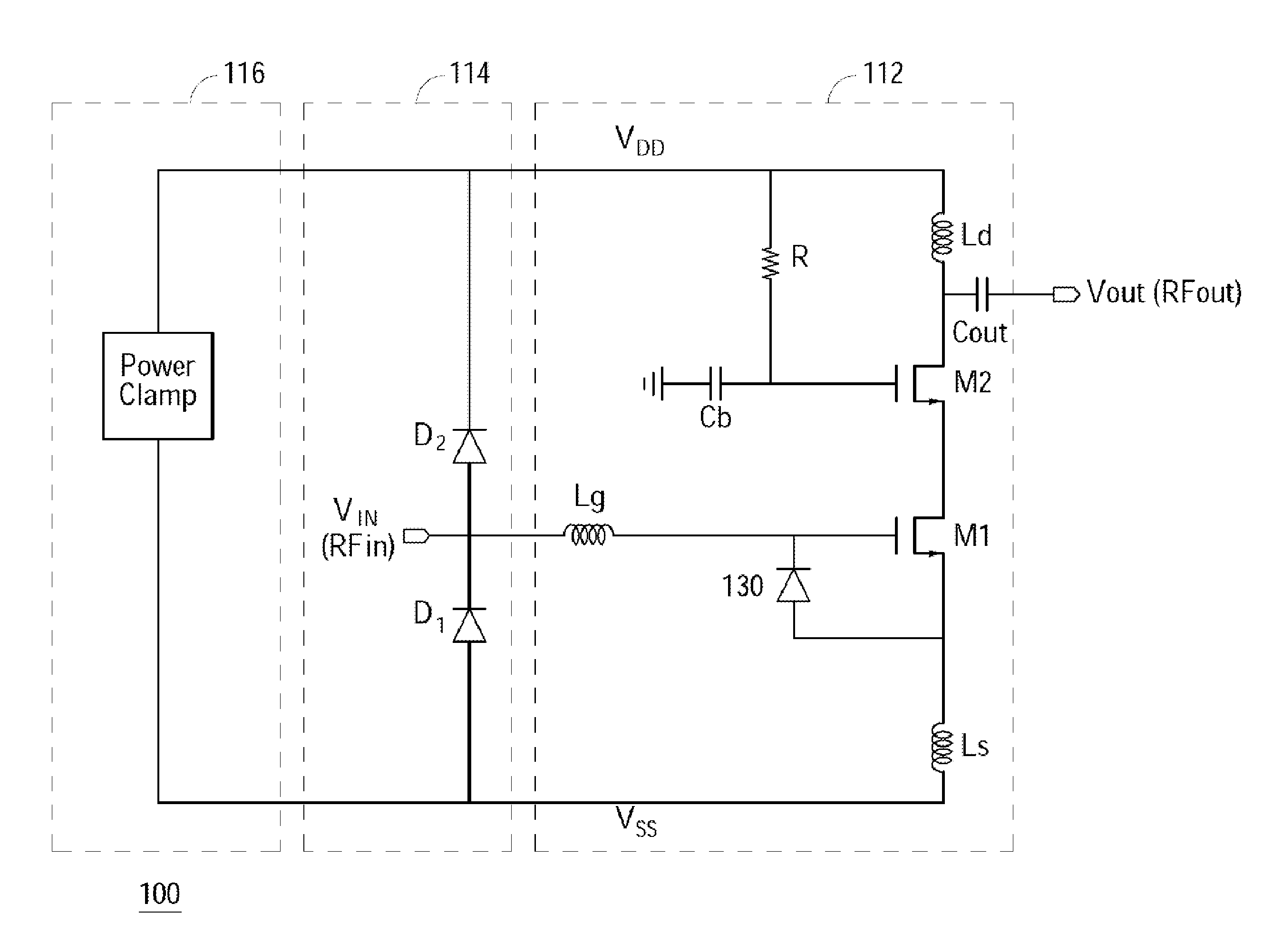 ESD block with shared noise optimization and cdm ESD protection for RF circuits