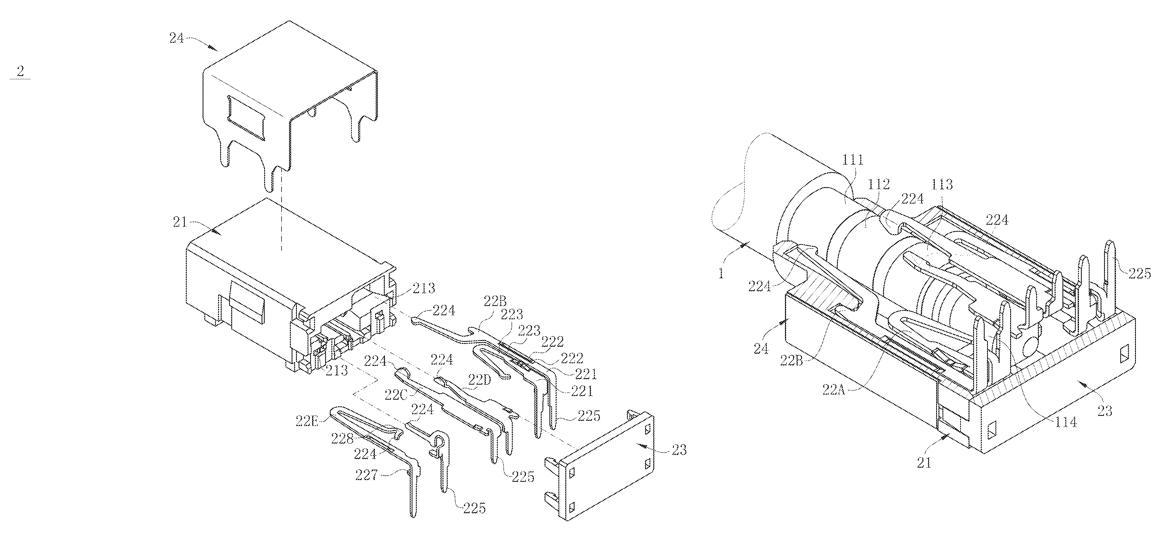 Audio connector receptacle having a U-shaped terminal formed by blanking