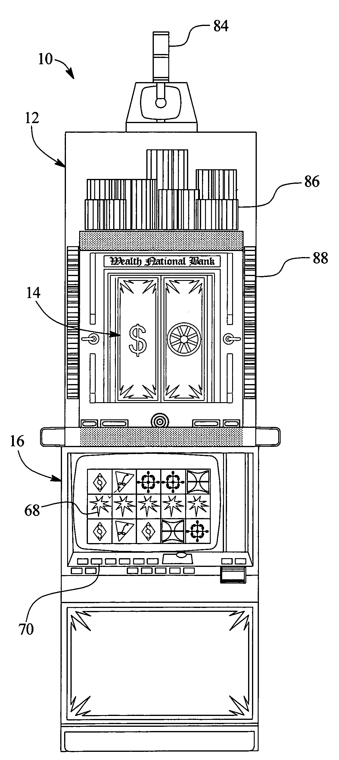 Method and apparatus for a slot machine gaming device simulating a bank robbery