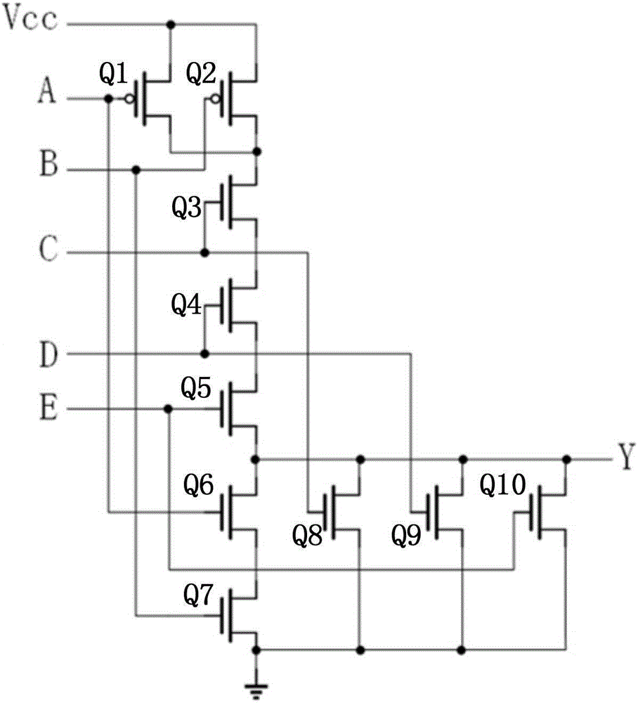 Circuit of transistor-grade realizing solution of five-input-end combined logic circuit