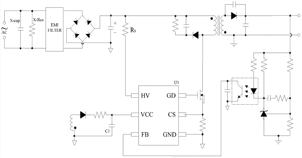 X capacitor discharge control device applied to flyback power source