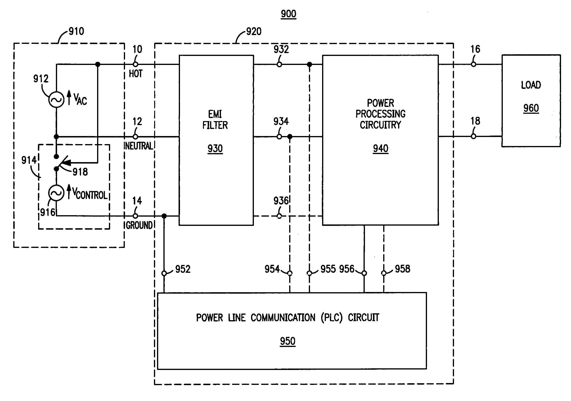 Arrangement and method for providing power line communication from an AC power source to a circuit for powering a load, and electronic ballasts therefor