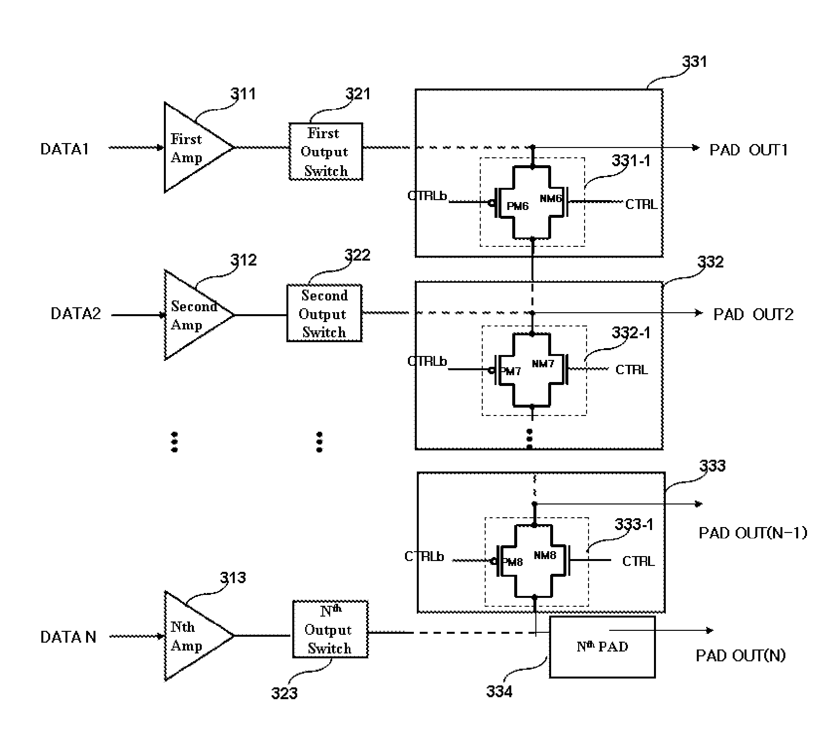 Display panel driving circuit having charge sharing switch formed in pad