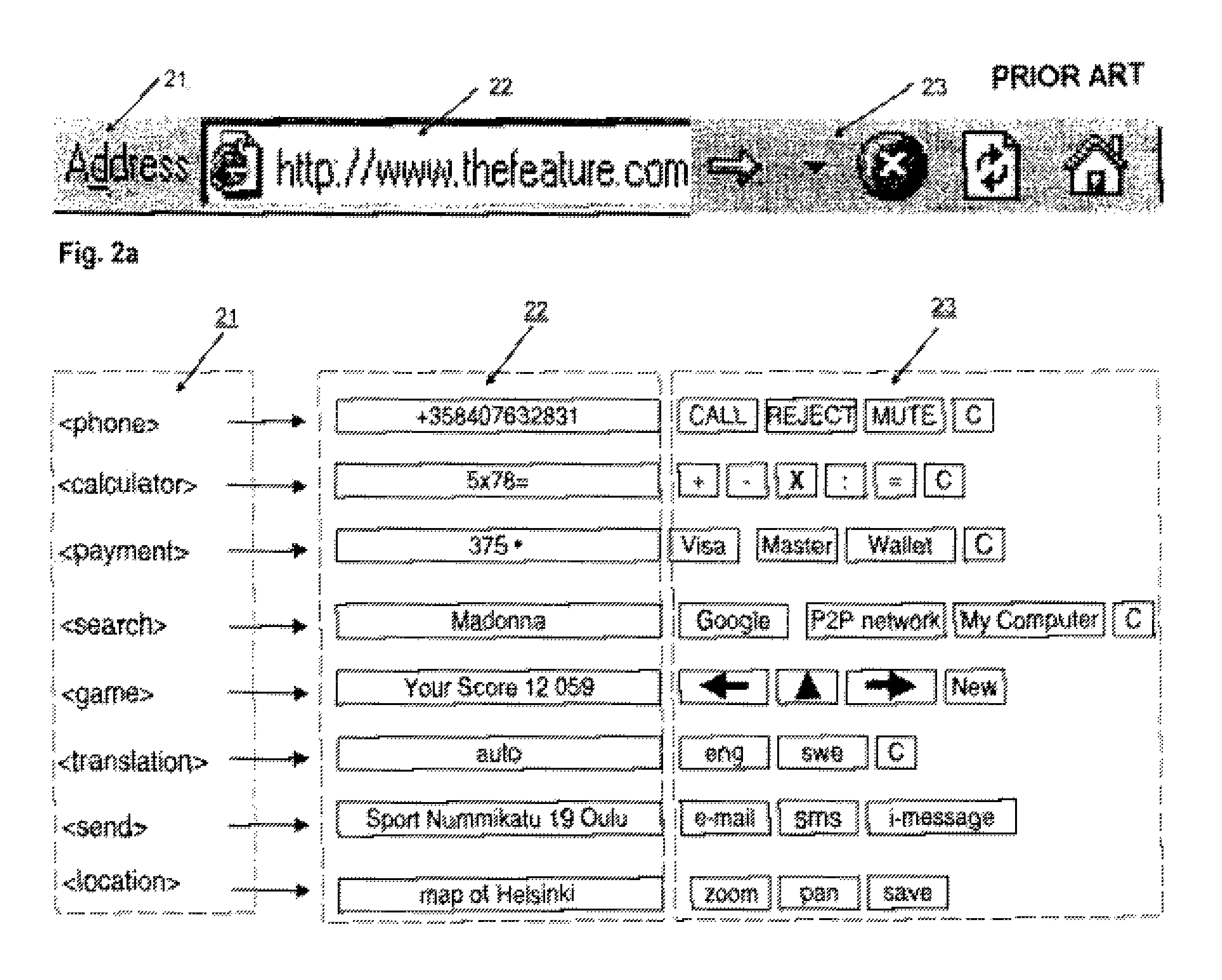 Method, functional arrangement and software means for searching and processing information with user interface of a terminal in which an address field and virtual function keys are modified to correspond to an invoked service through data input to a browser address field, and cellular network terminal employing the method