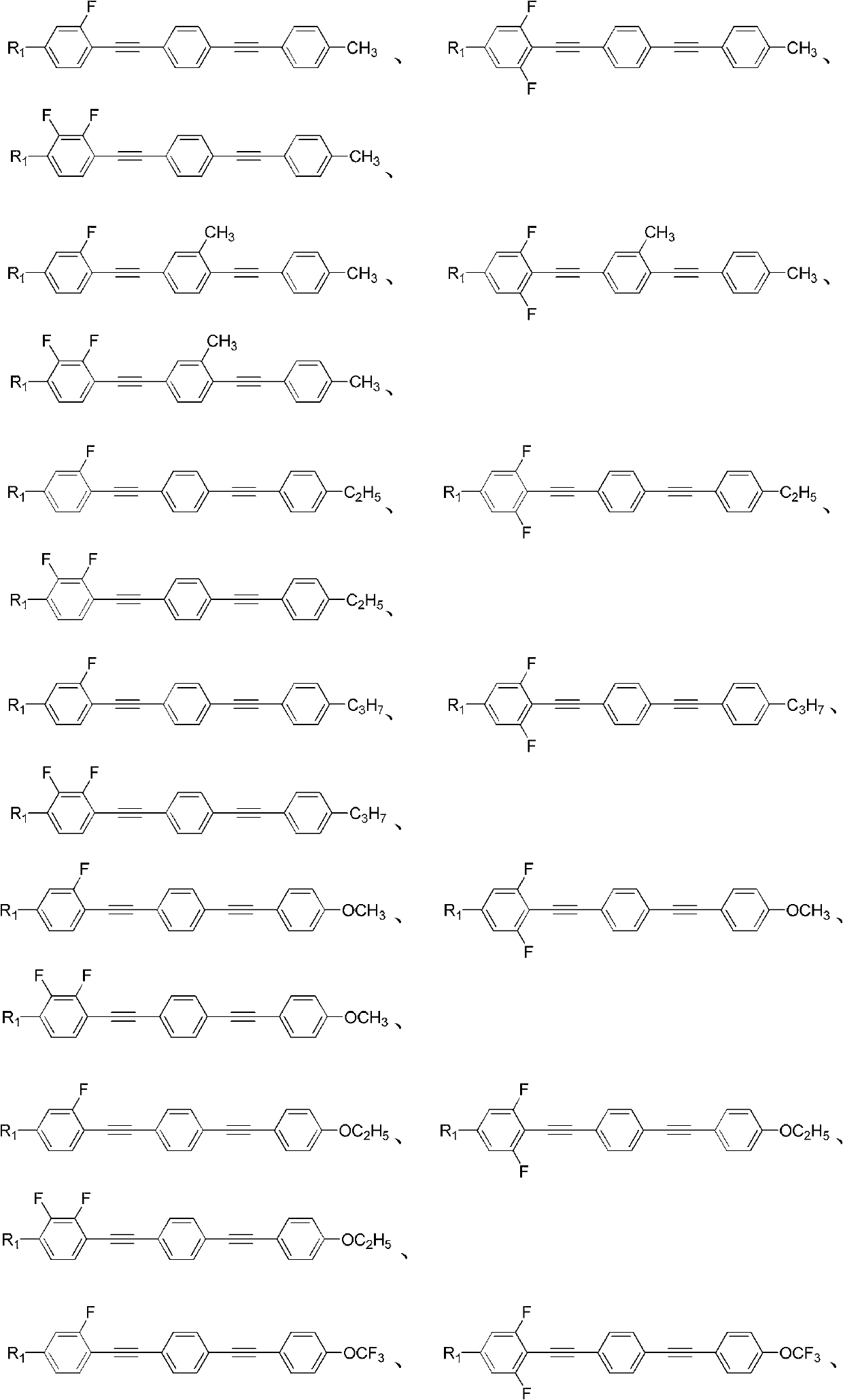 (Poly) fluorine substituted phenyl diacetylene (bi) phenyl derivative, and preparation method and application thereof