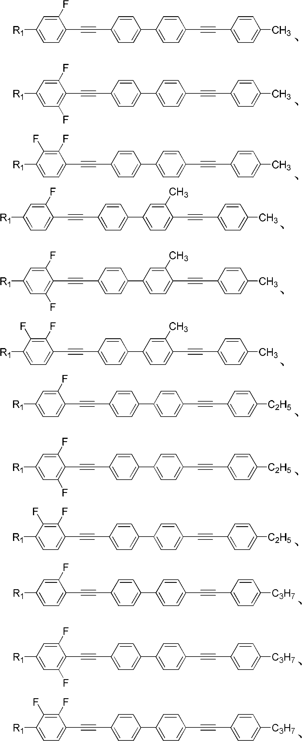 (Poly) fluorine substituted phenyl diacetylene (bi) phenyl derivative, and preparation method and application thereof