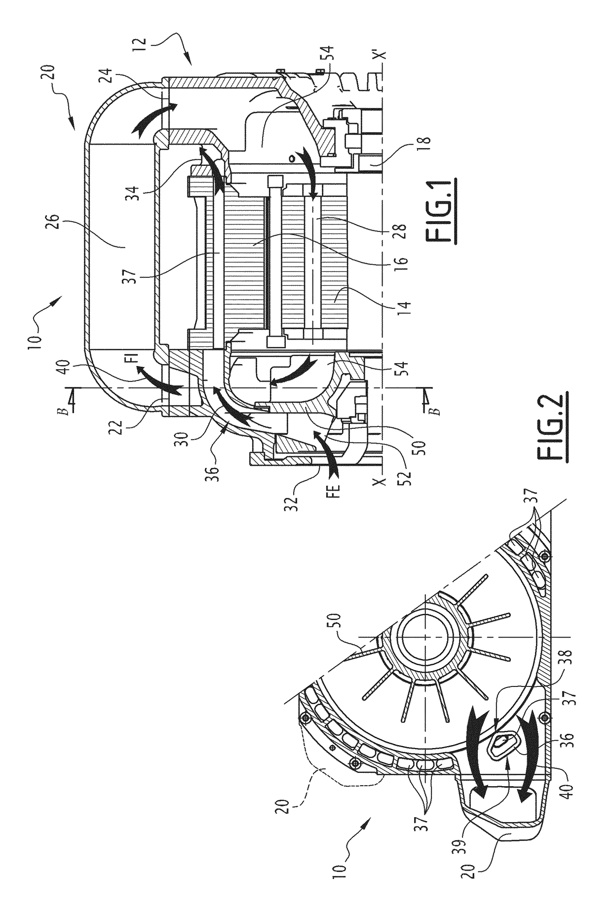 Electric motor with outer radiator and two separate cooling circuits