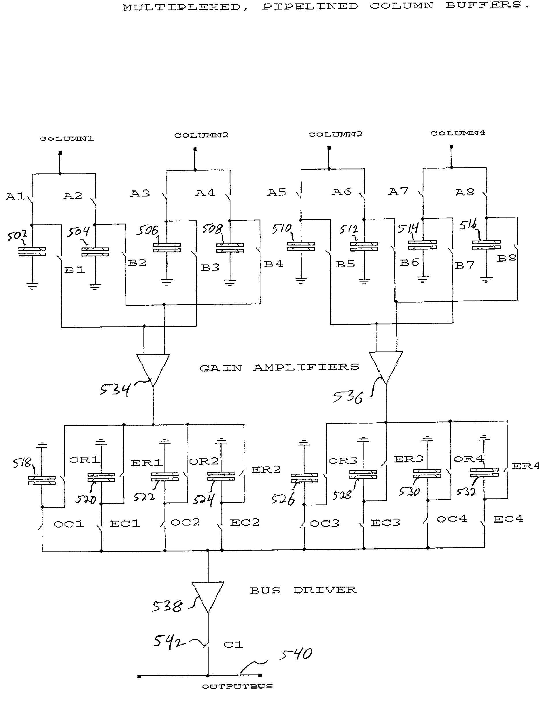 Multiplexed and pipelined column buffer for use with an array of photo sensors