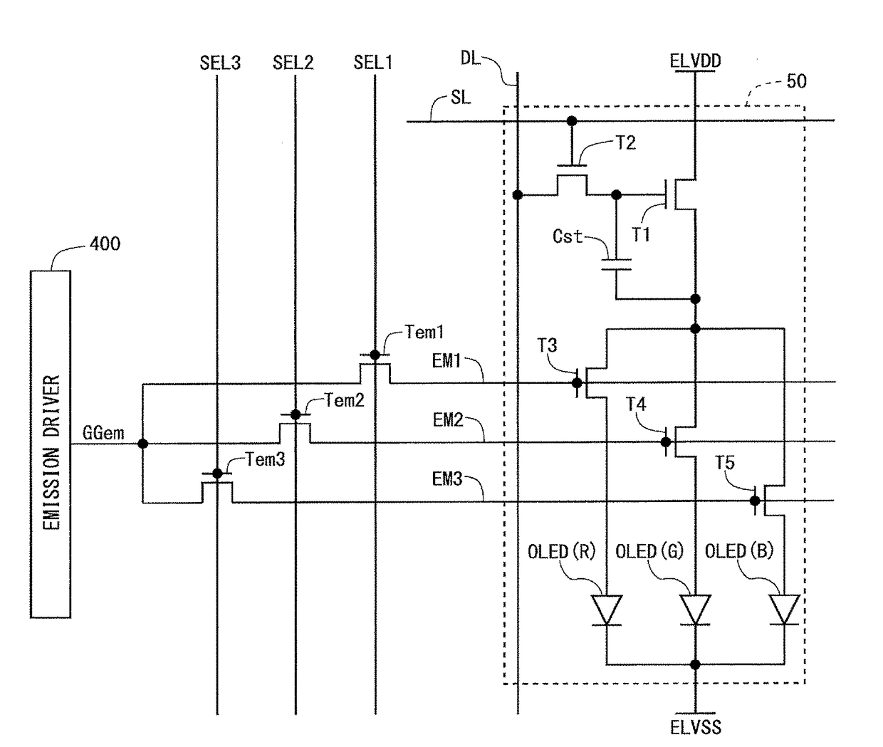 Display device and method for driving same with light-emission enable signal switching unit