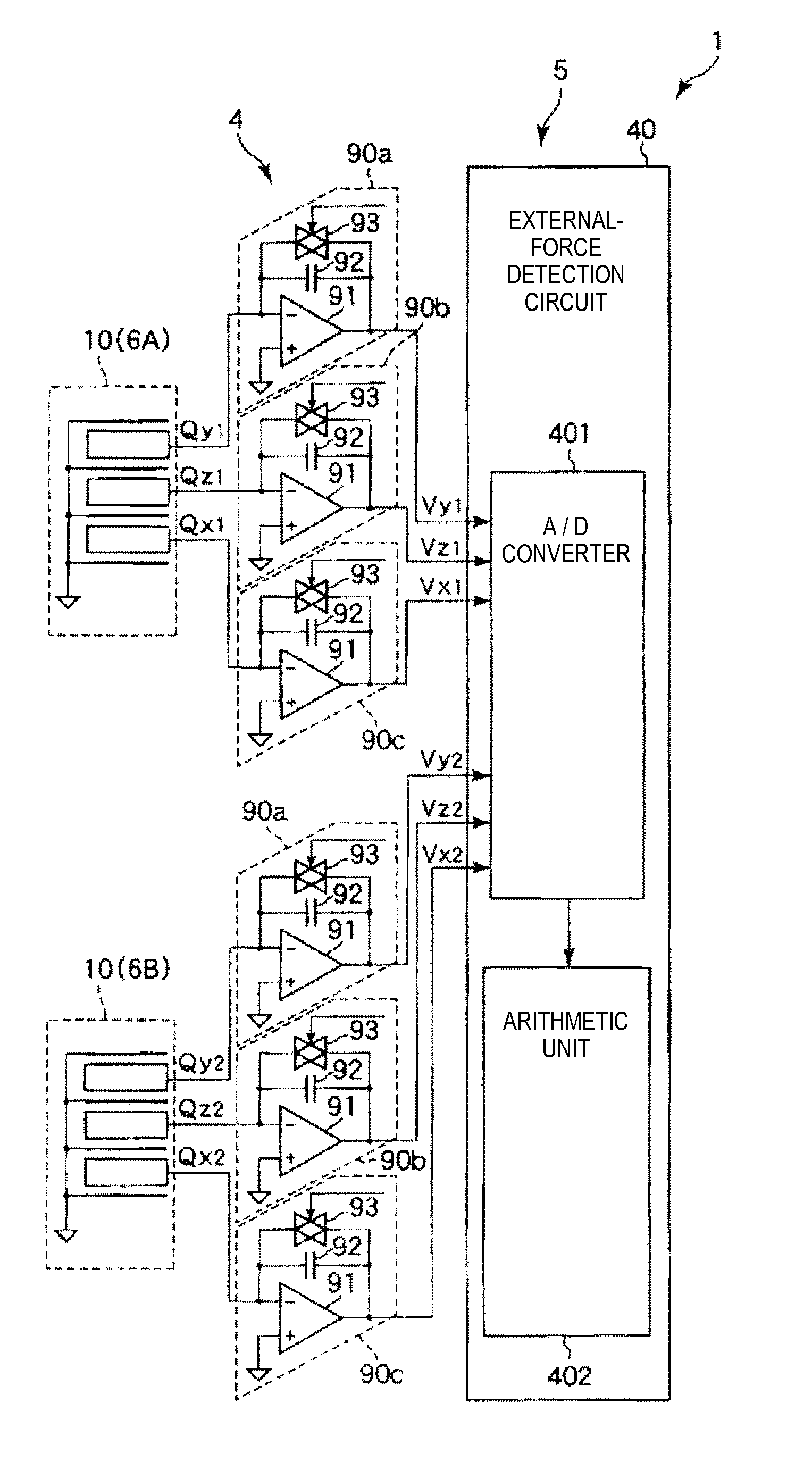 Force detecting device, robot, electronic component conveying apparatus