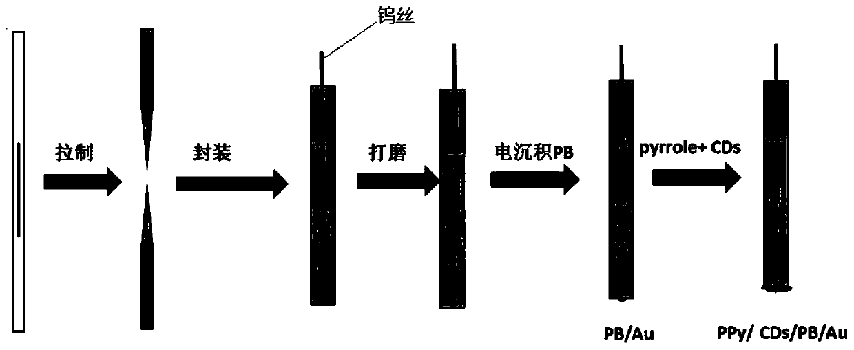 A ppy/cds/pb/au nano-electrode, preparation method and application thereof