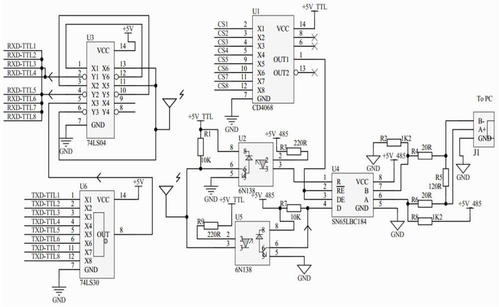 A wireless communication converter from rs485 to eight-way rs232