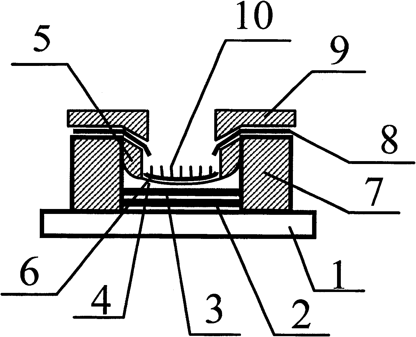 Flat-board display of shallow-pit type cathode curved grid control structure and mfg. process