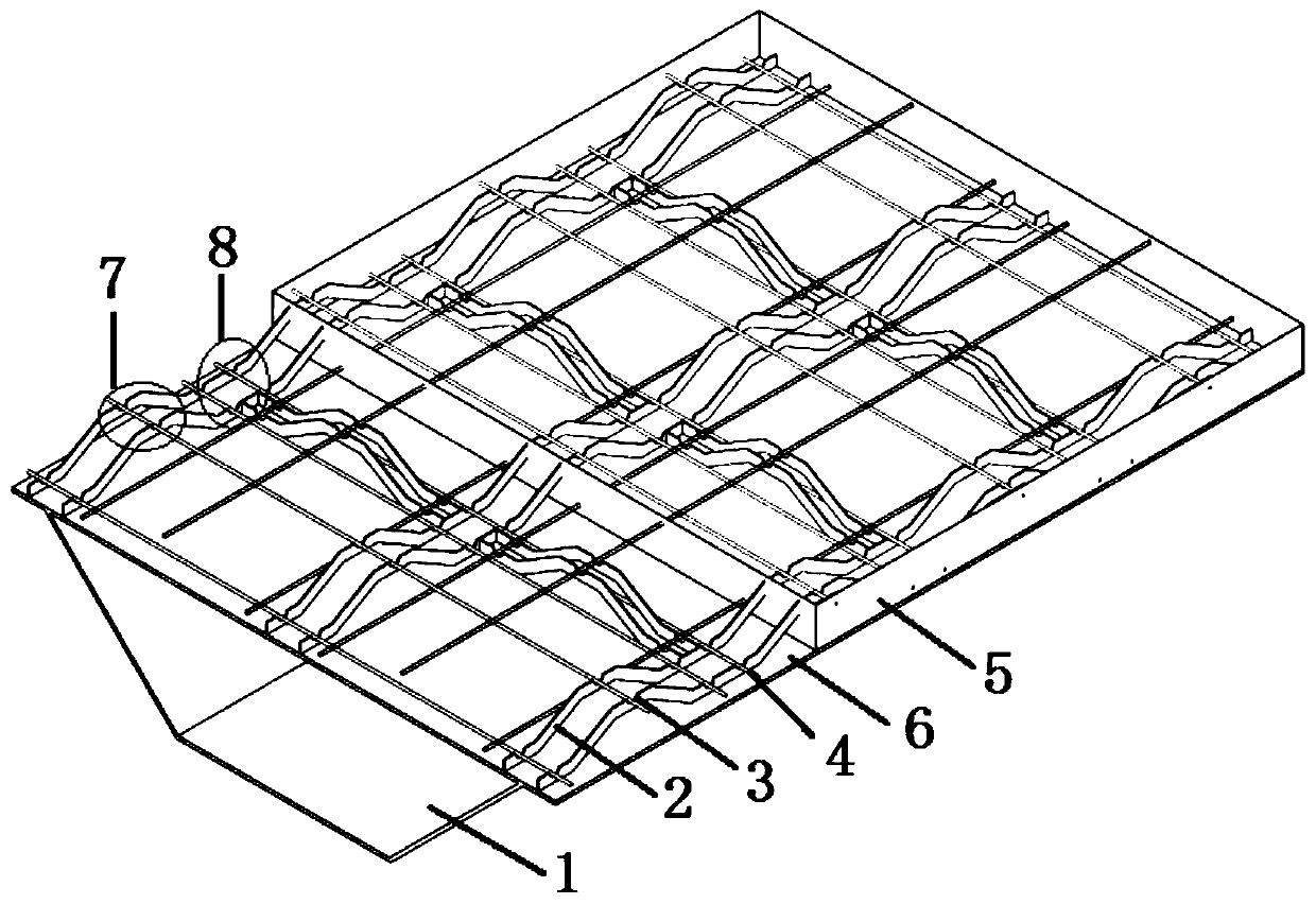 Steel-concrete composite beam containing corrugated connecting pieces and implementation method thereof