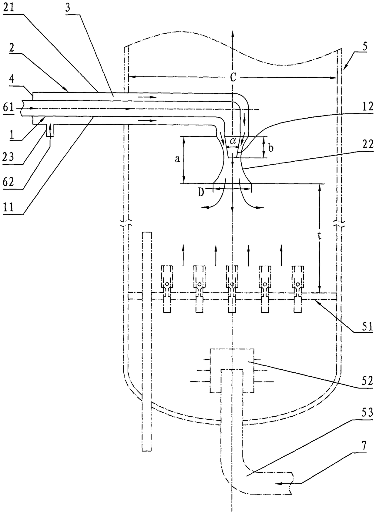 Oil inlet distribution pipe for wood tar ebullating bed hydrogenation reactor