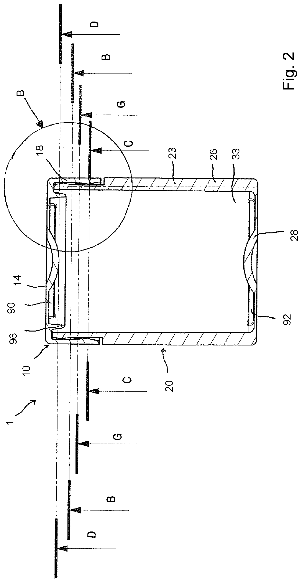 Receptacle for holding an active substance and corresponding closure and container with such a receptacle