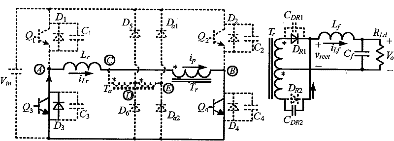 Zero voltage switch full-bridge direct-current converter with diode and auxiliary transformer clamping