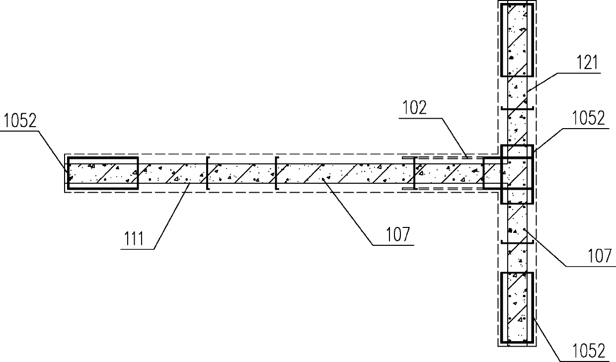 Fabricated concrete variable section T-shaped shear wall component and construction method thereof