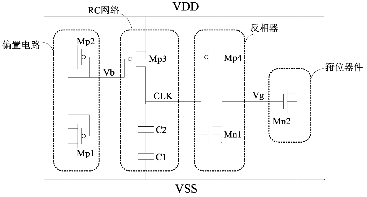 Static discharge clamping circuit with bias circuit in 90 nanometer CMOS (complementary metal-oxide-semiconductor transistor) process