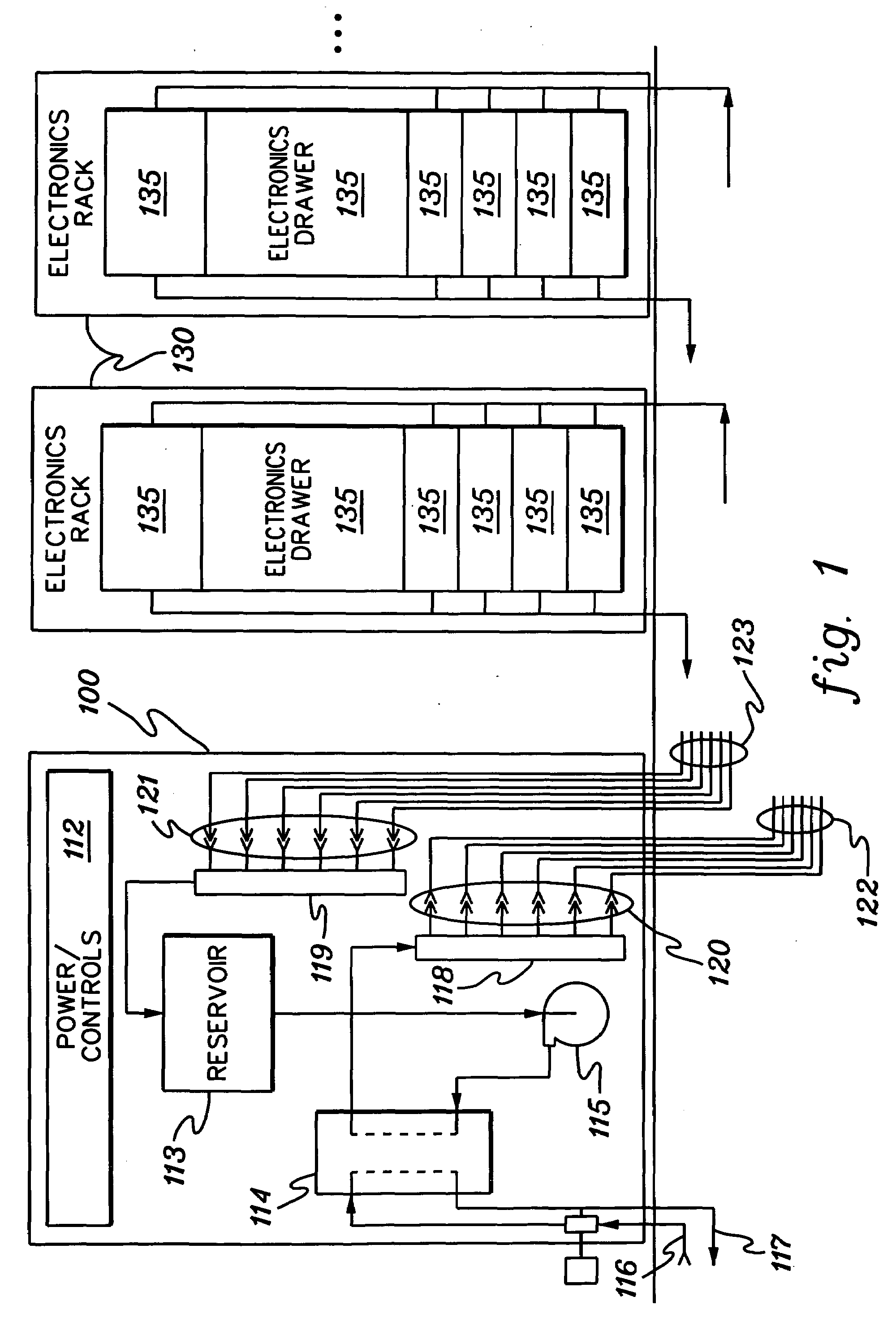 Cooling apparatus for an electronics subsystem employing a coolant flow drive apparatus between coolant flow paths