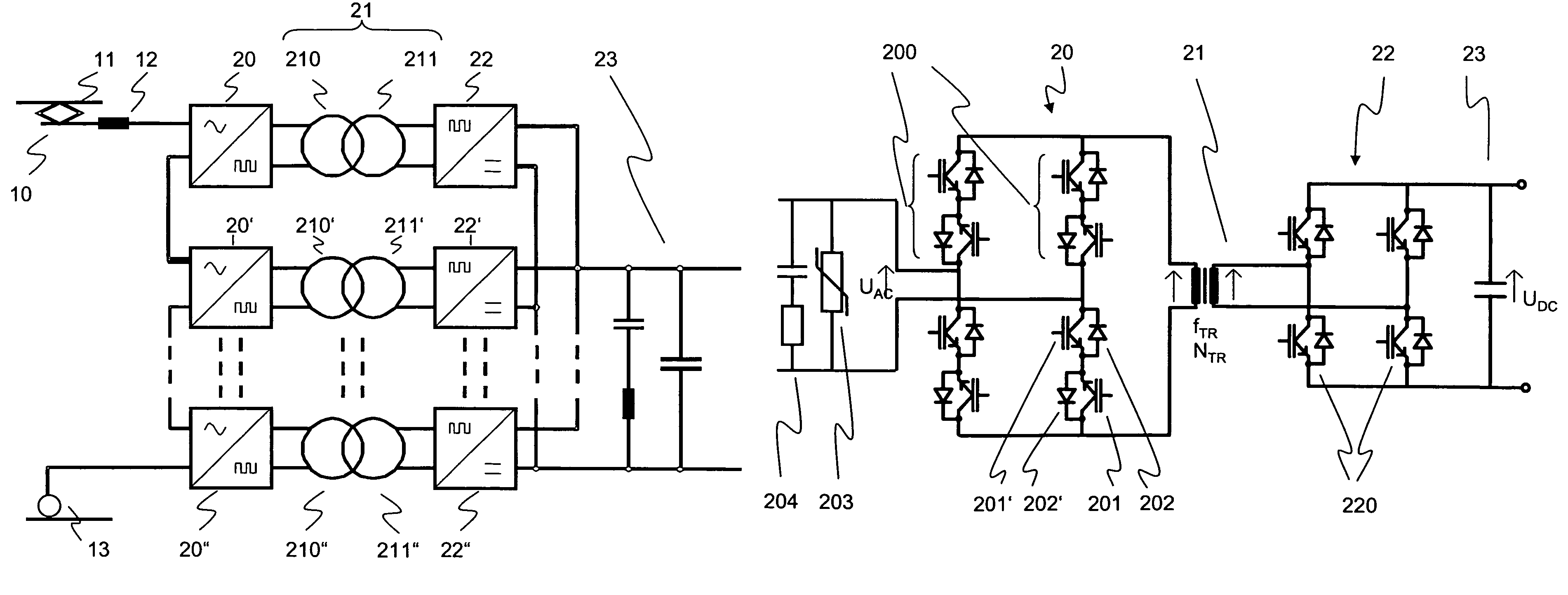 Multilevel AC/DC converter for traction applications