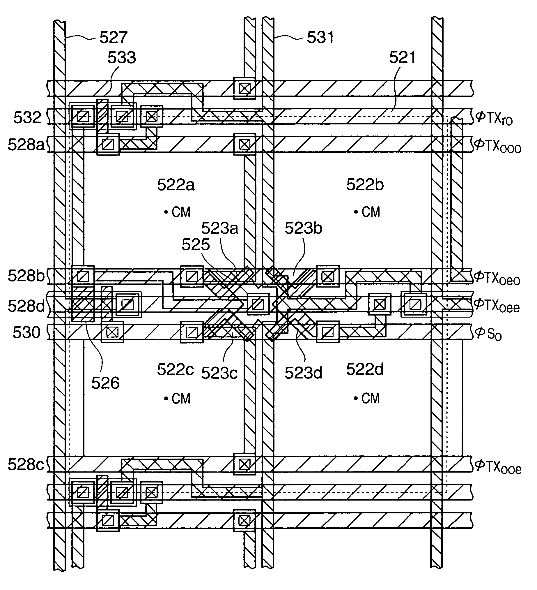 Arrangement of circuits in pixels, each circuit shared by a plurality of pixels, in image sensing apparatus