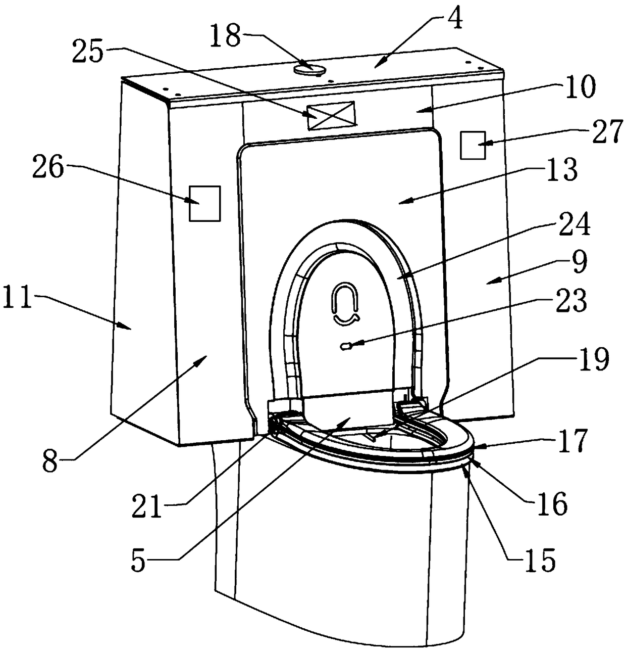 Wall type splash-proof automatic sleeve changing toilet and using method thereof