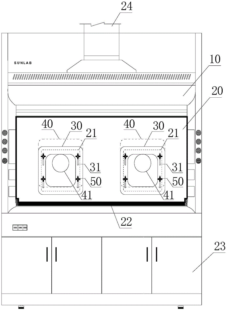 Ventilation hood with safe movable protection window