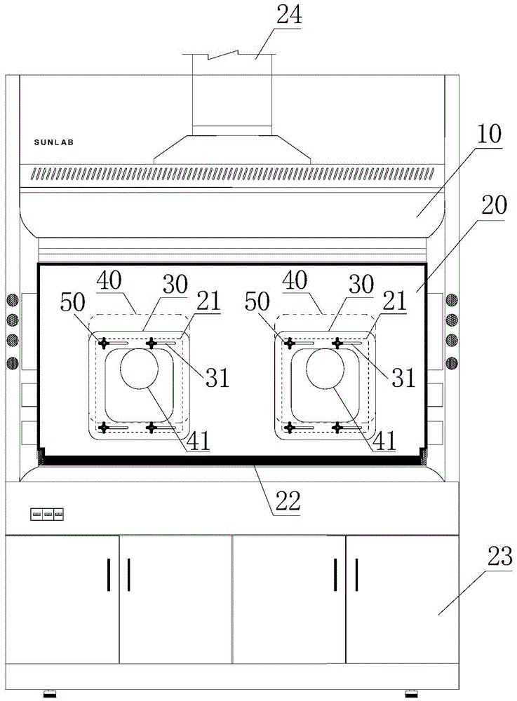 Ventilation hood with safe movable protection window