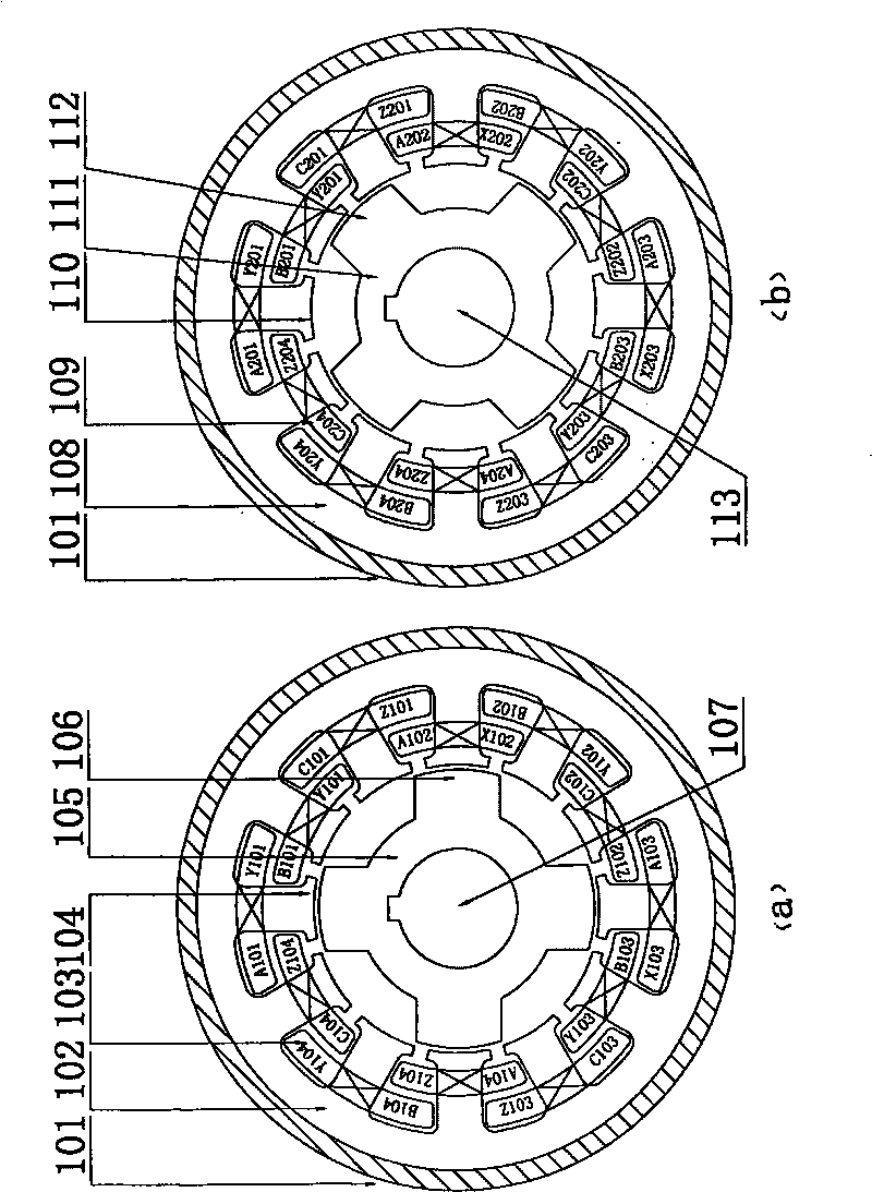 Three-phase single-section/double-section multiple-pole switching reluctance motor