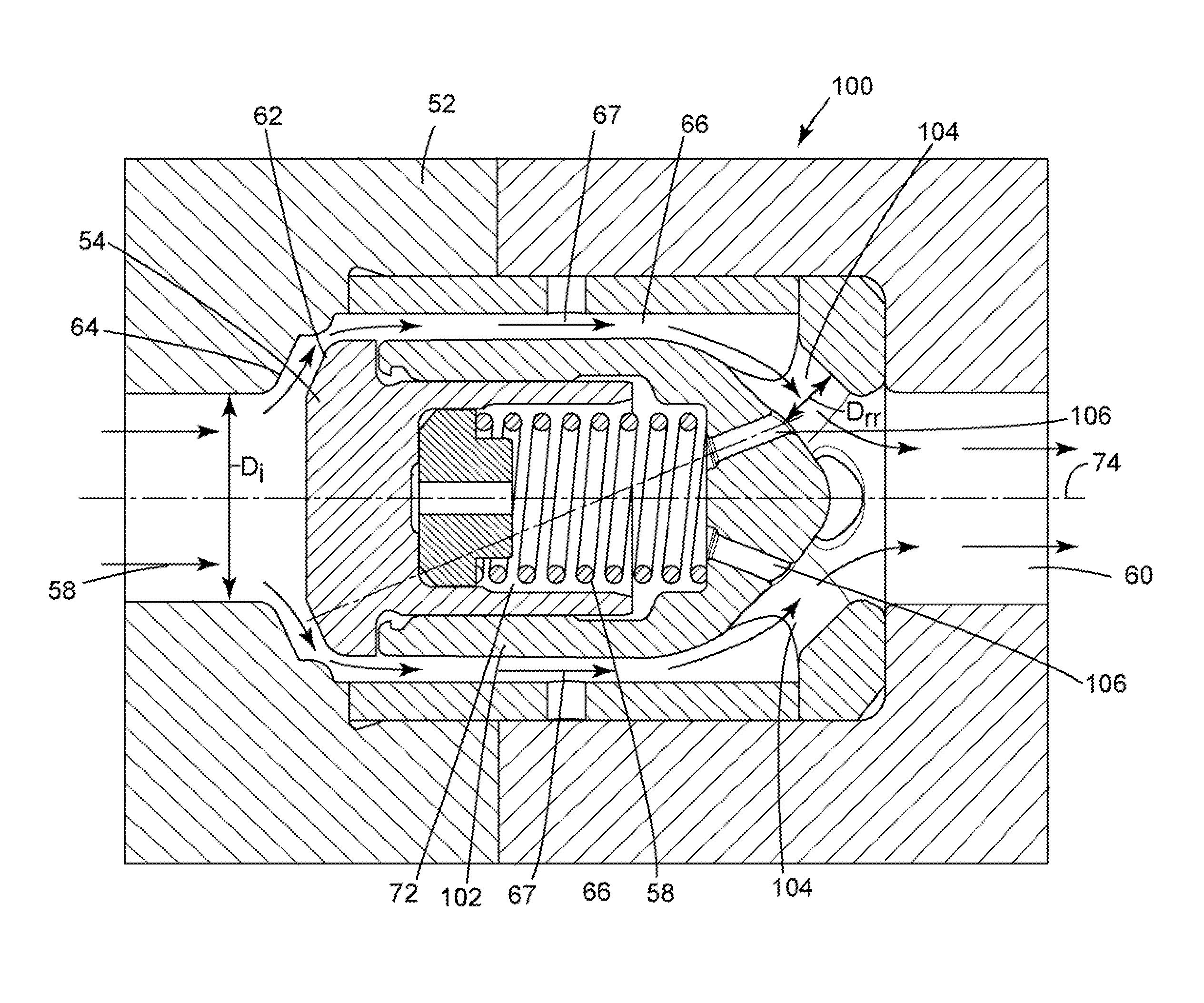 Poppet valve with diverging-converging flow passage and method to reduce total pressure loss