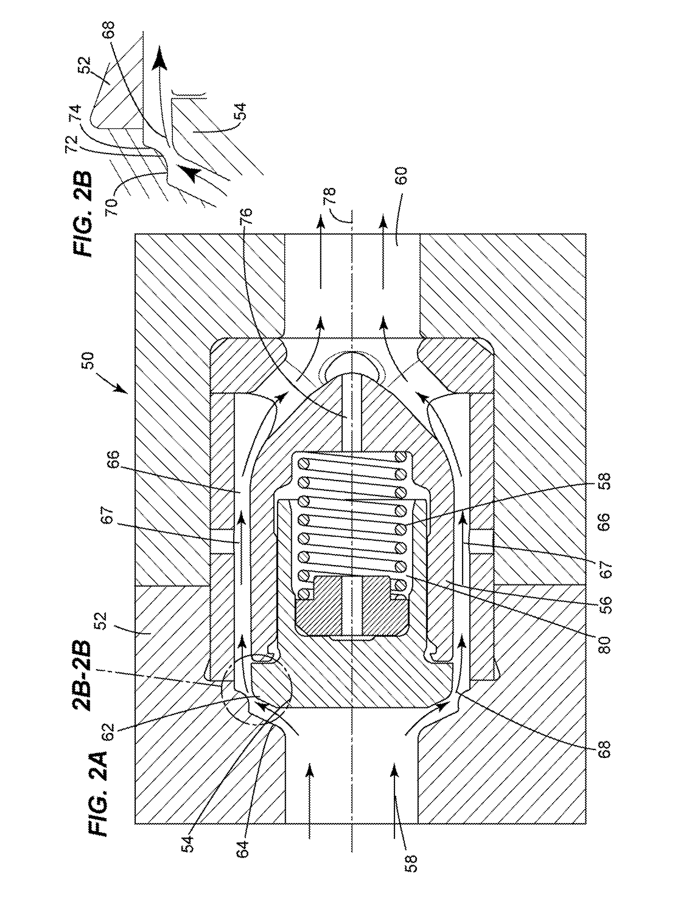 Poppet valve with diverging-converging flow passage and method to reduce total pressure loss
