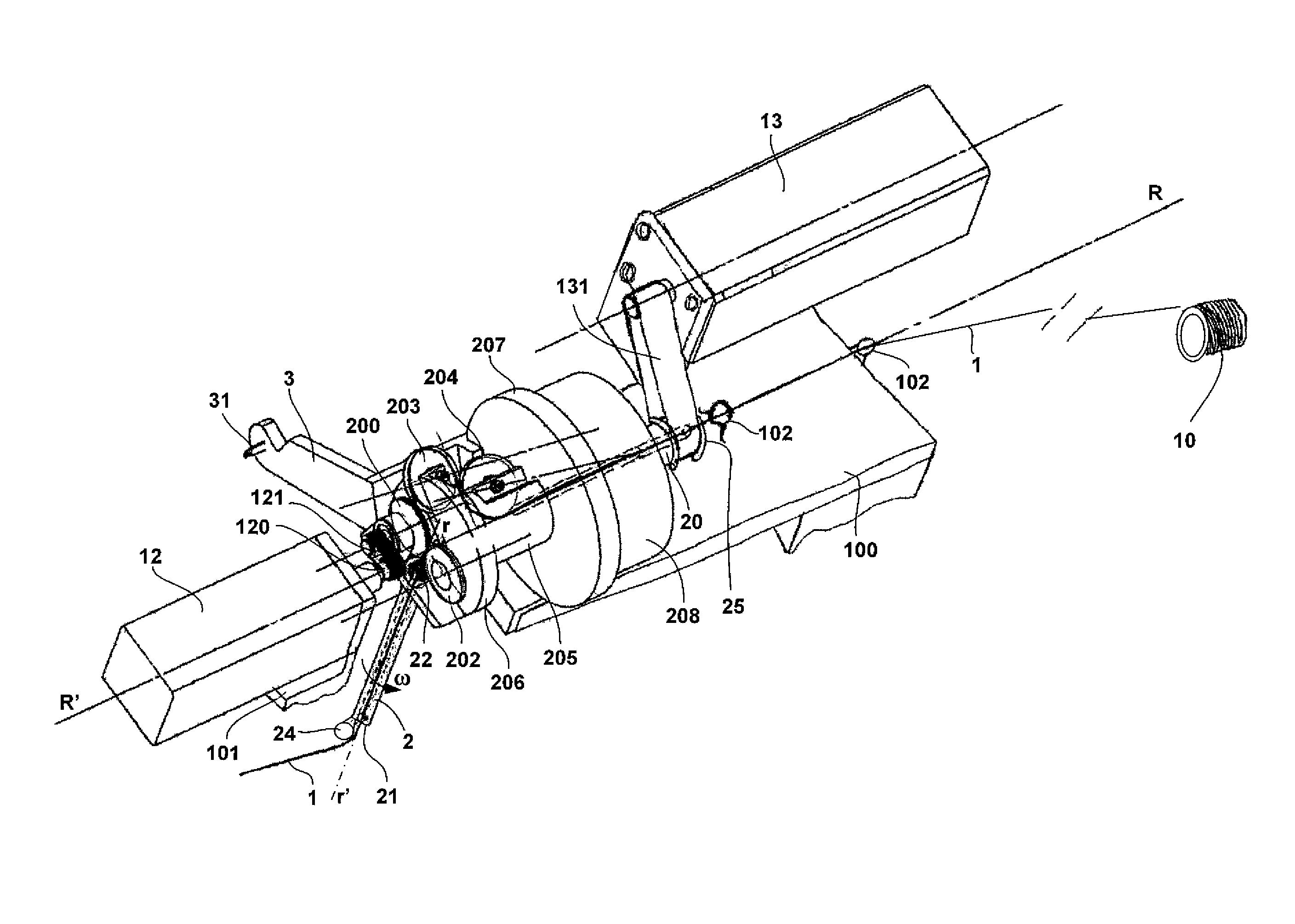 Rotary laying arm comprising an on-board thread feed means