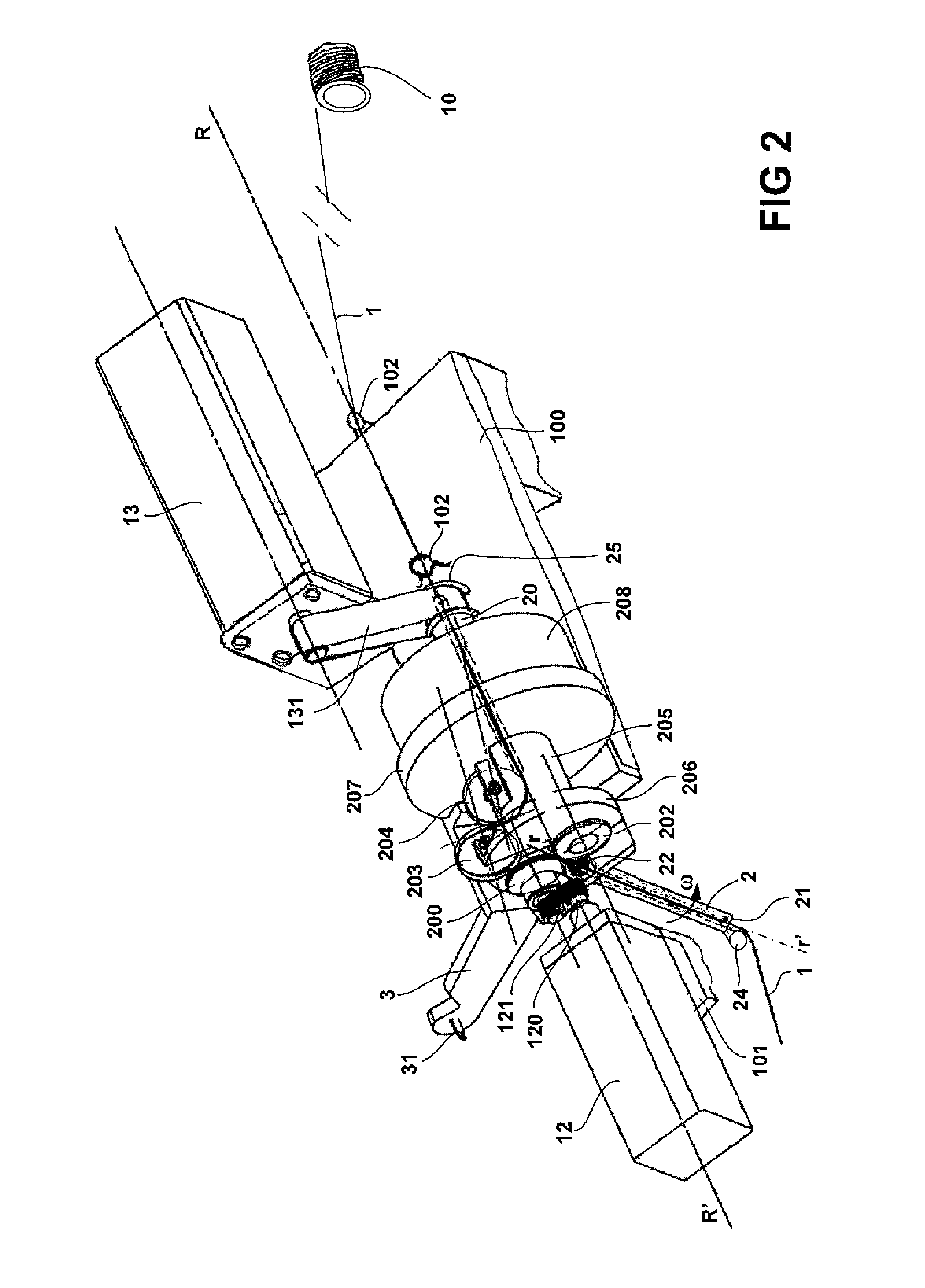 Rotary laying arm comprising an on-board thread feed means