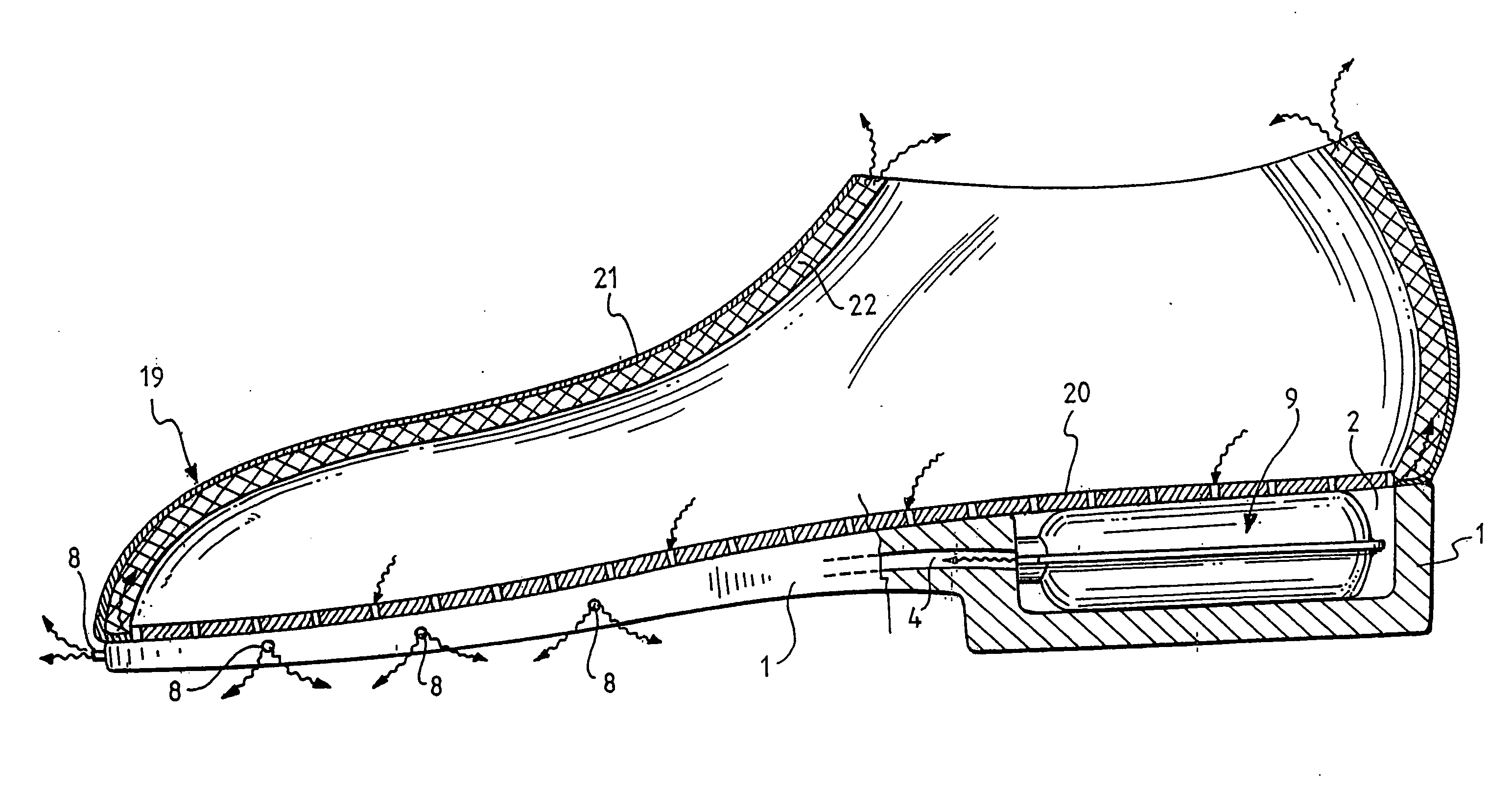 Aeration system and device for shoes