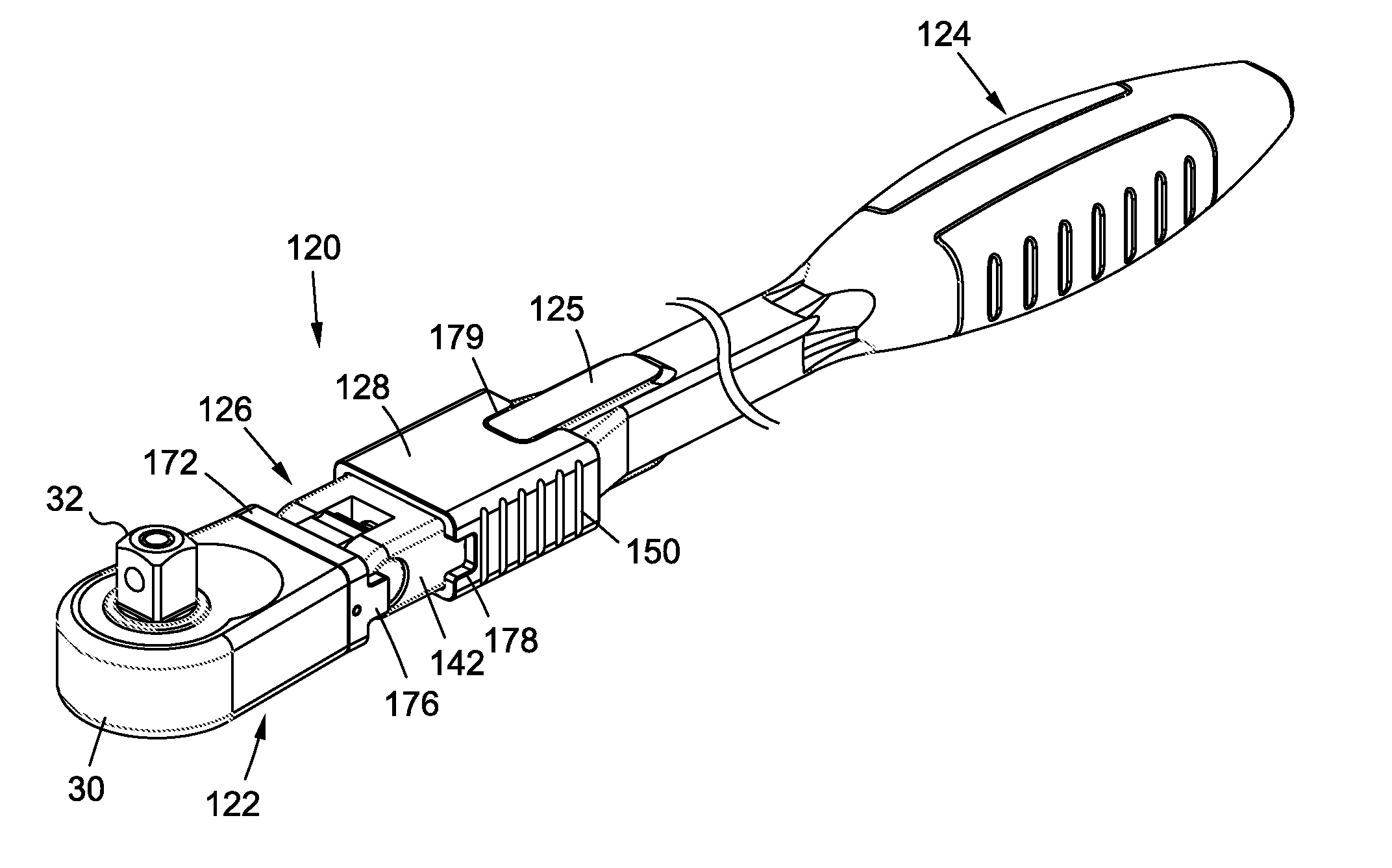 Hand tool having a head which is position-adjustable and lockable relative to a handle