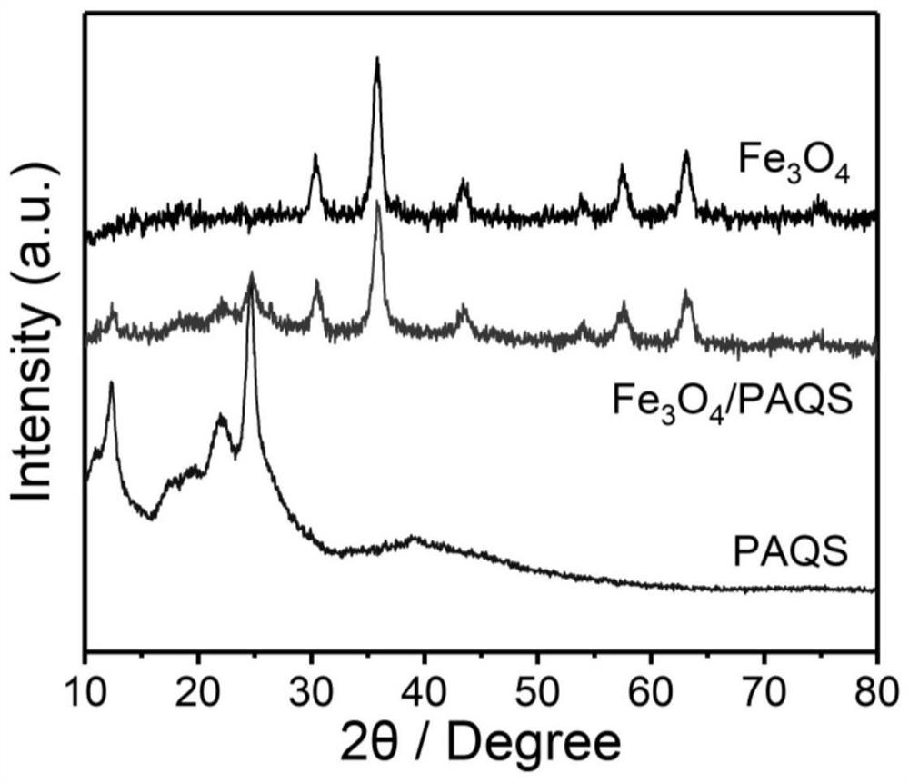 Poly-anthraquinone sulfide and Fe3O4 composite material as well as preparation method and application thereof