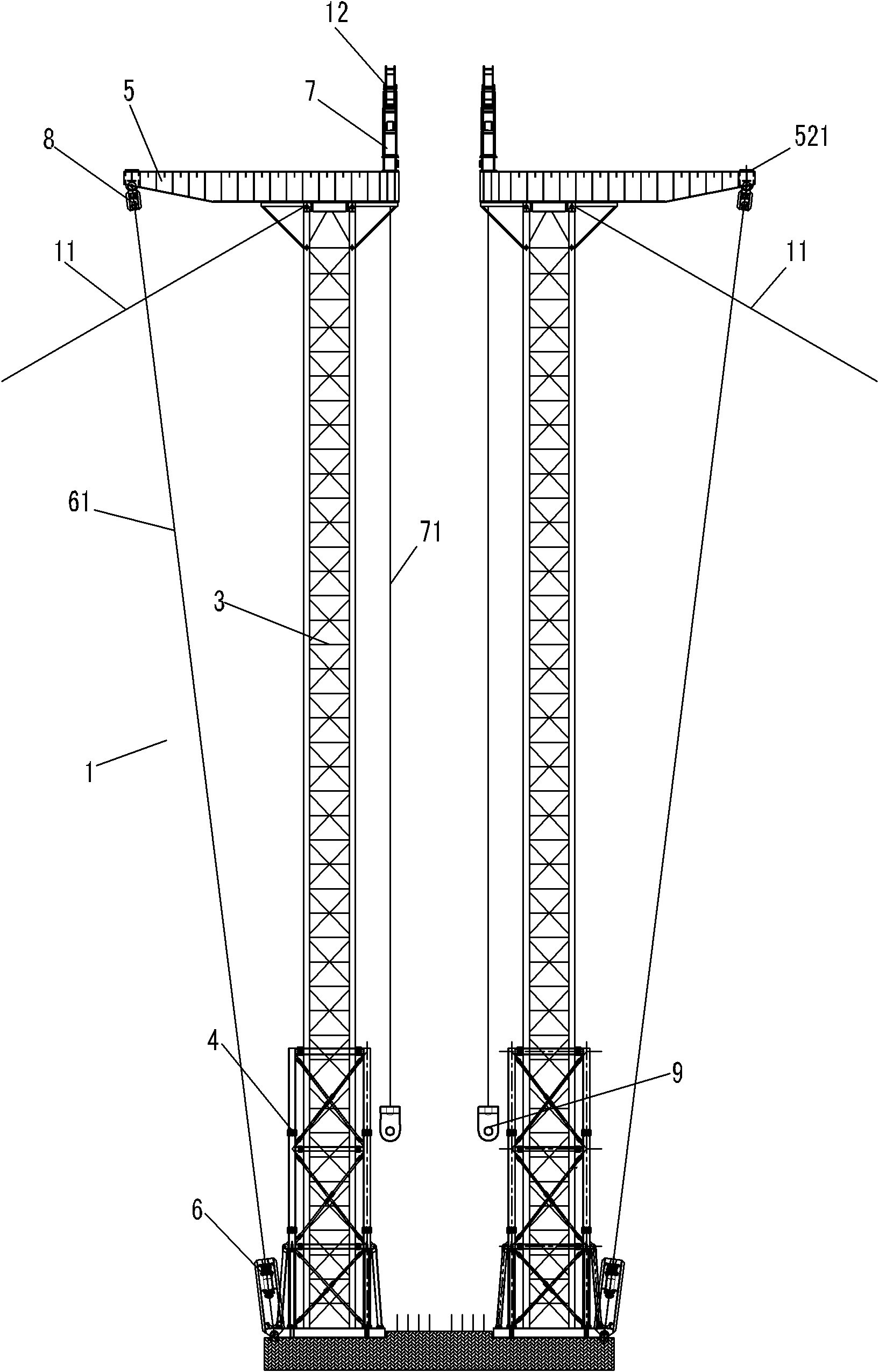 Construction method for hoisting by using double-tower low-pylon self-balanced elevating device