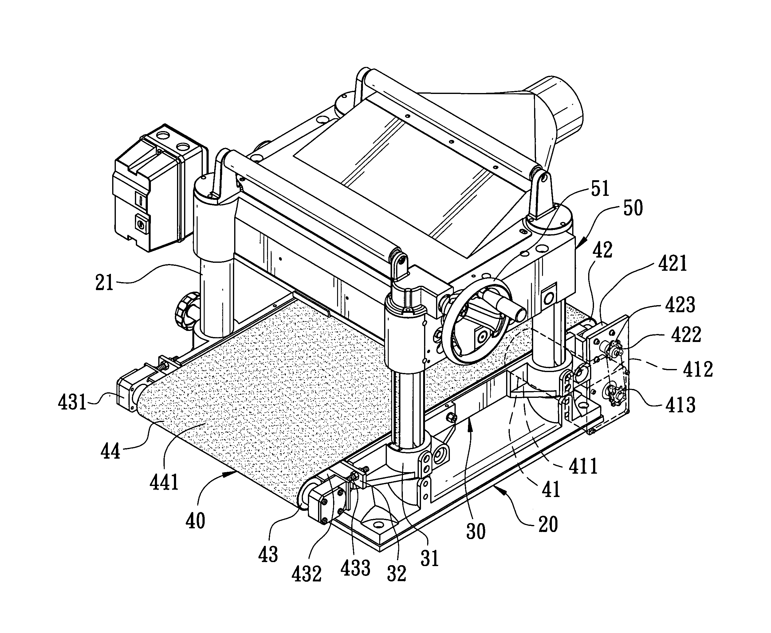 Work feeding and conveying device for a planing machine