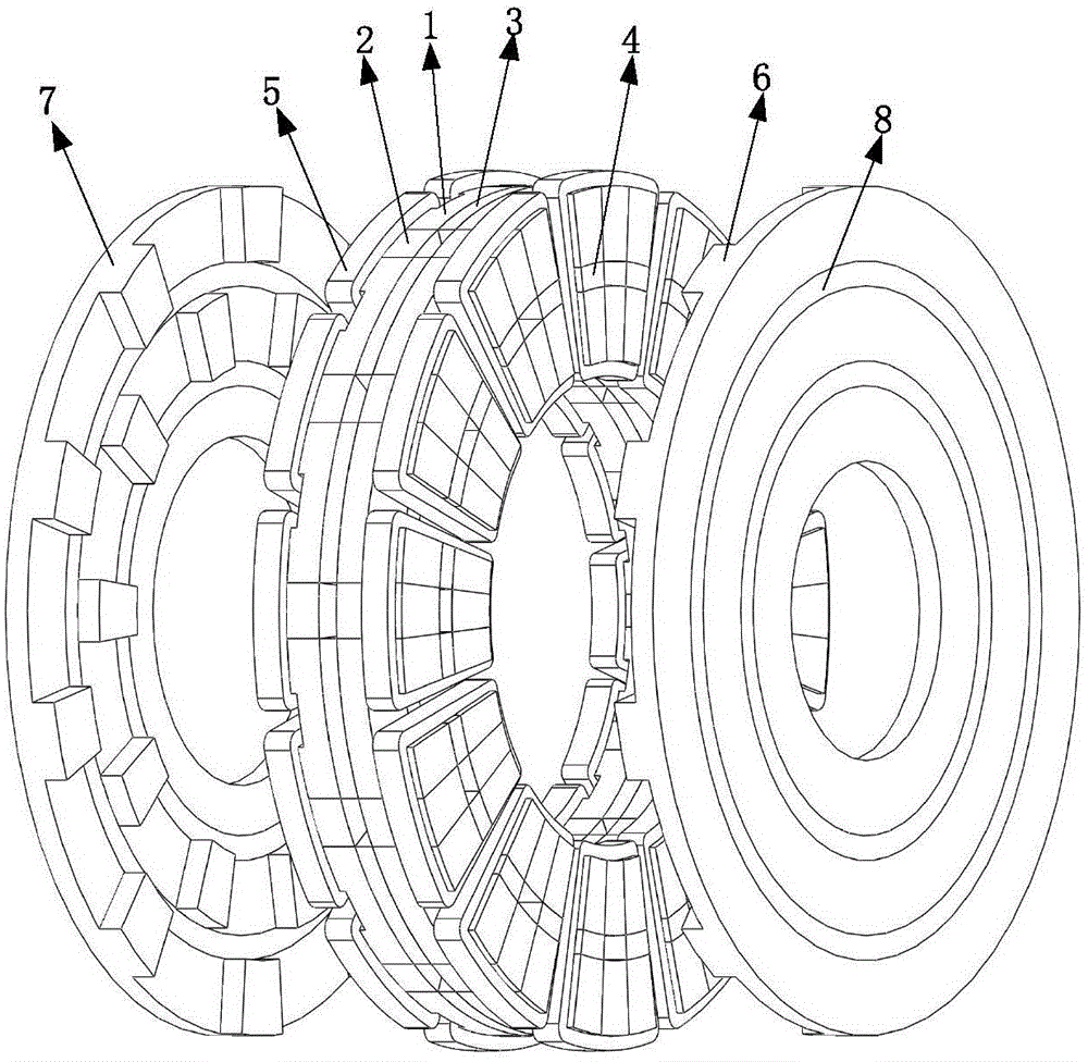 Magnetism-increasing decoupling axial-flux switching dual-rotor motor