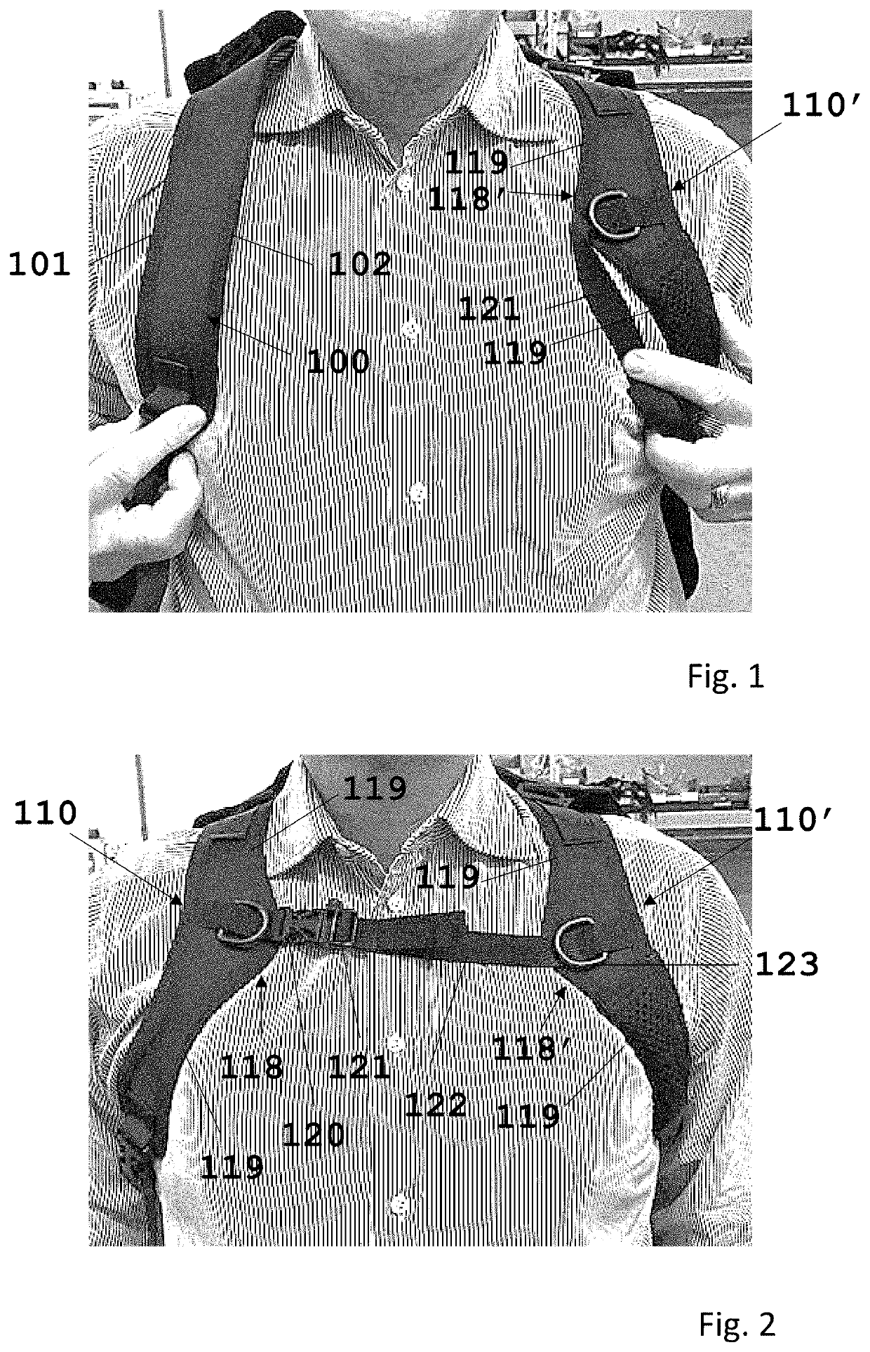 Shoulder strap for supporting back loads, device for carrying back loads, and in particular buoyancy compensator, or the like