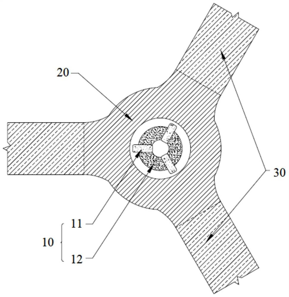 Multidirectional rotational symmetric cable-stayed bridge structure with central roundabout and construction method