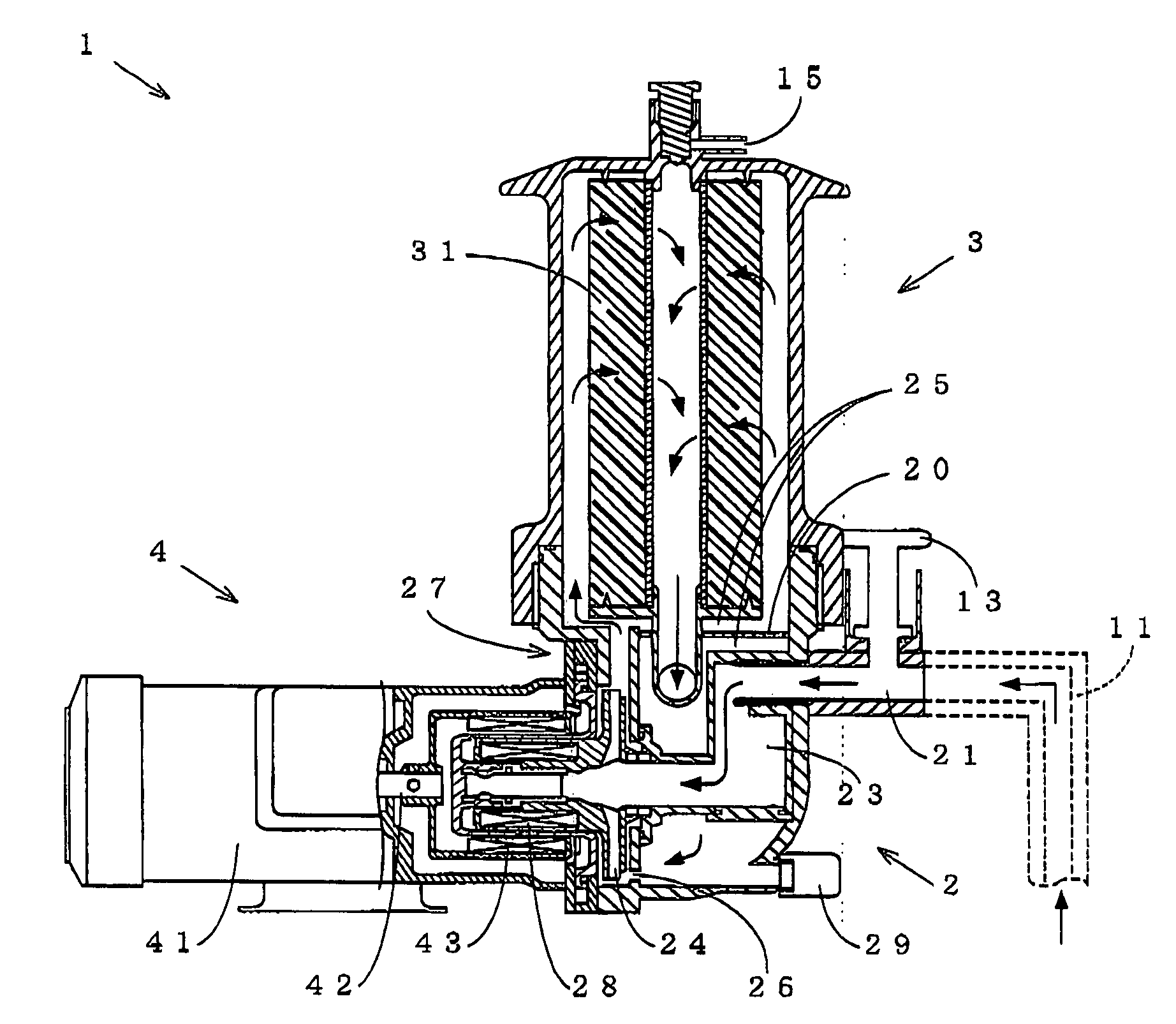 Filtration device combined with self-priming pump