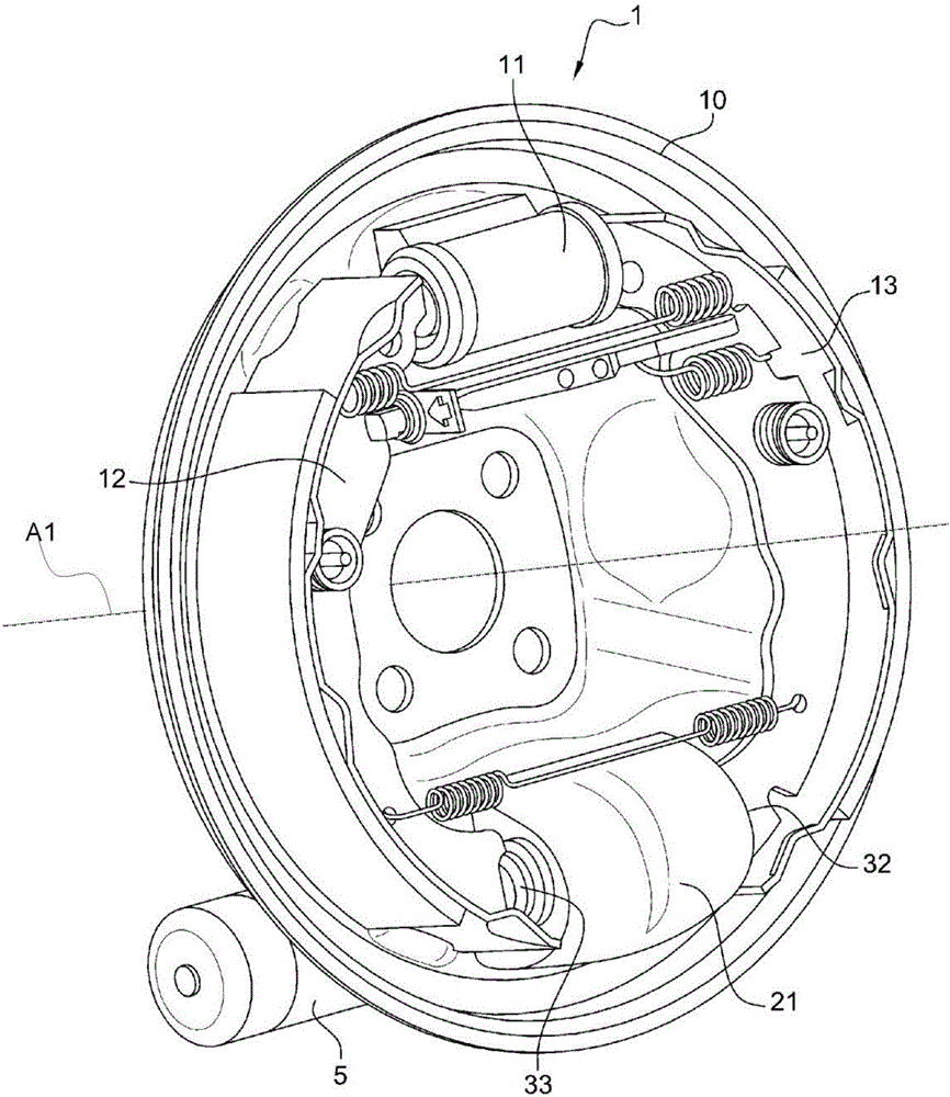 Actuator driven by gear having axial guide rail, and drum brake and braking device provided with same