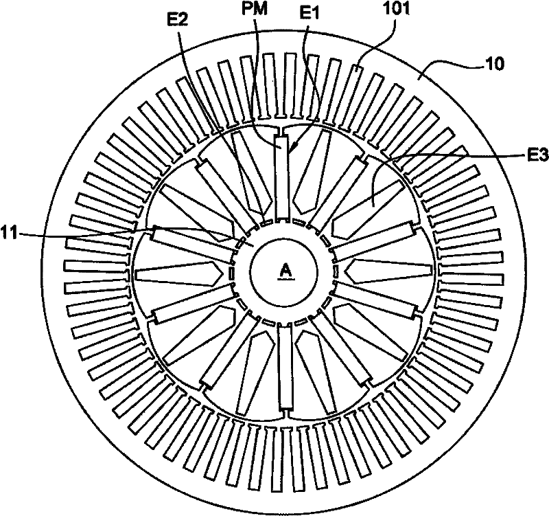 Synchronous rotating electric machine with permanent magnets and flux concentration