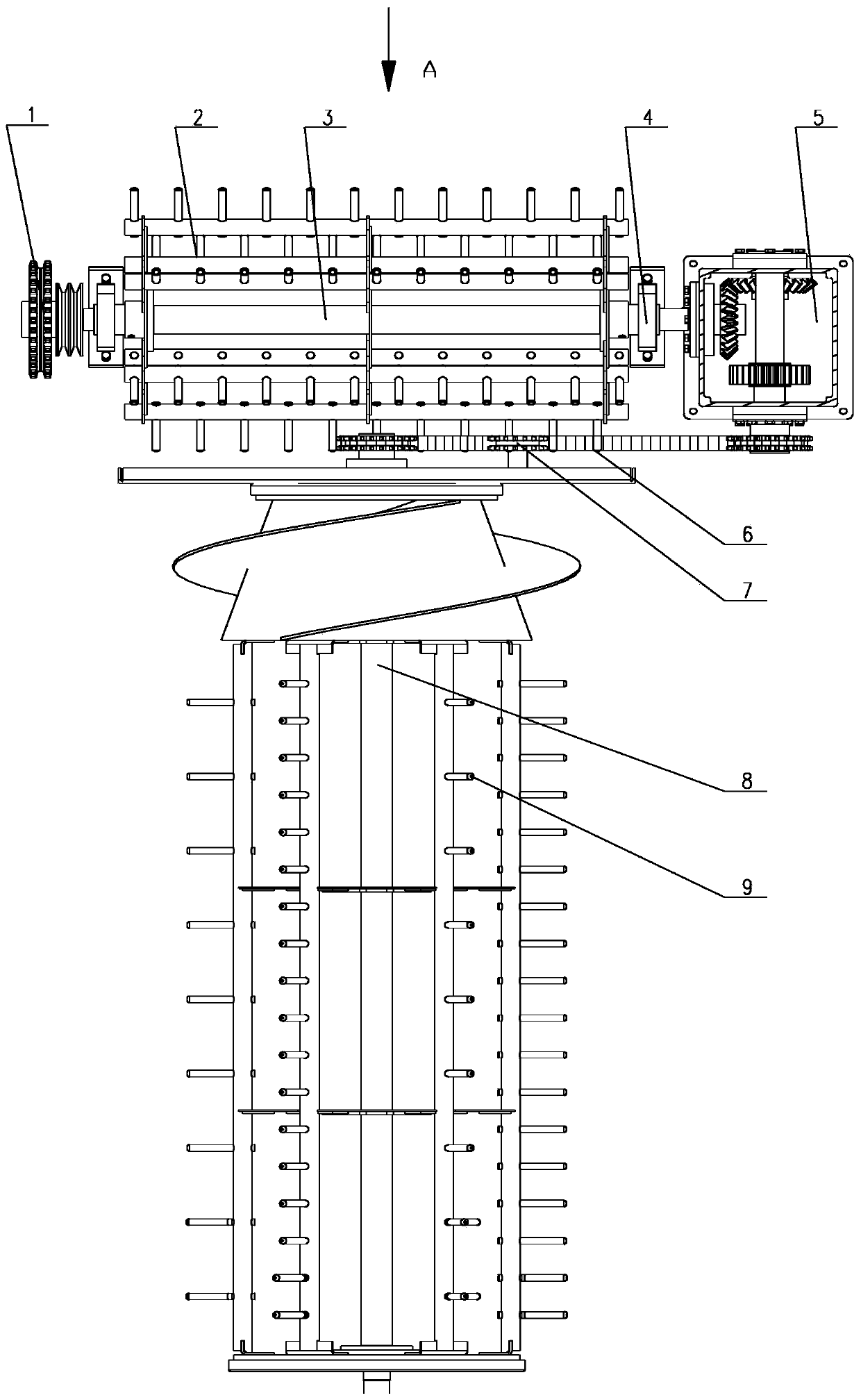 A power transmission system of a cutting and longitudinal flow threshing and separating device