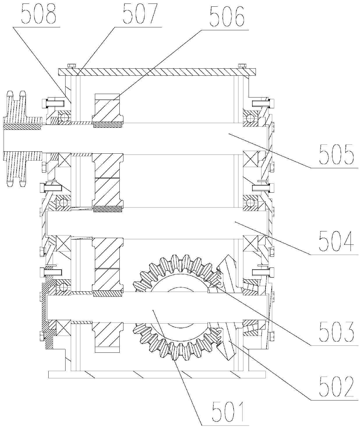 A power transmission system of a cutting and longitudinal flow threshing and separating device